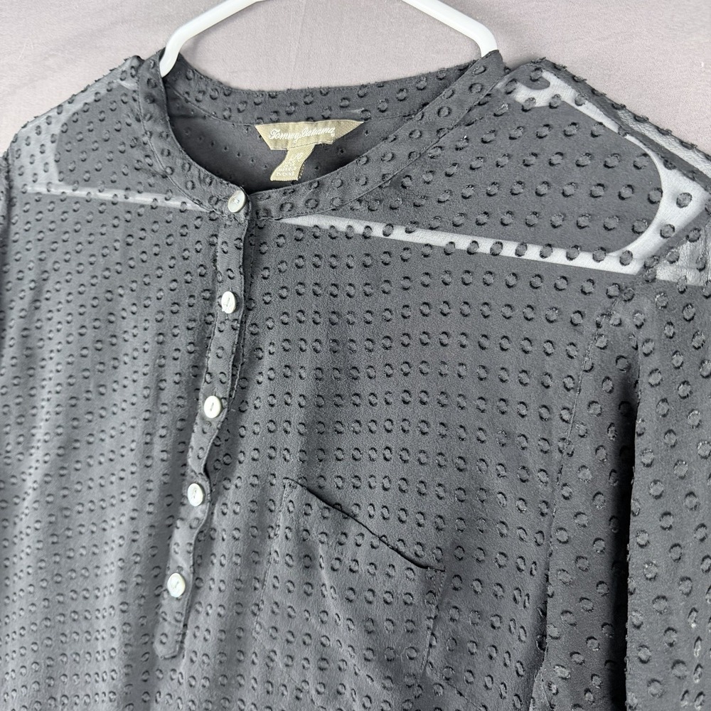 Tommy Bahama Black Dotted Silk Rayon Button Tunic Blouse L/G Long Sleeve